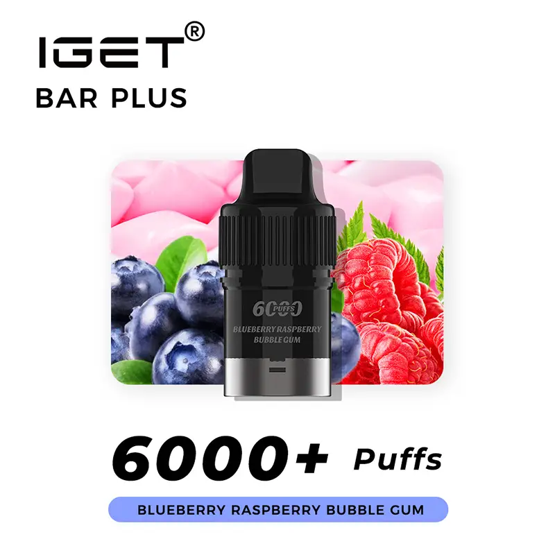 Nicotine Free IGET Bar Plus Pod 6000 Puffs Blueberry Raspberry Bubble Gum